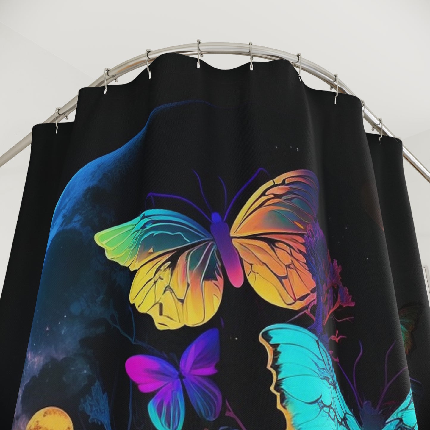 Polyester Shower Curtain florescent butterflys moon 1