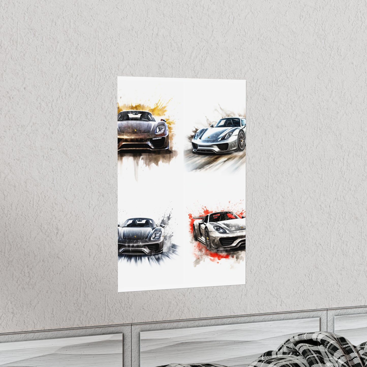 Premium Matte Vertical Posters 918 Spyder white background driving fast with water splashing 5