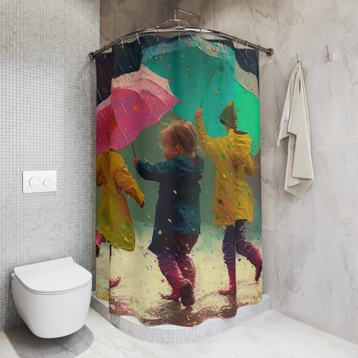 Polyester Shower Curtain kids dancing rain 3