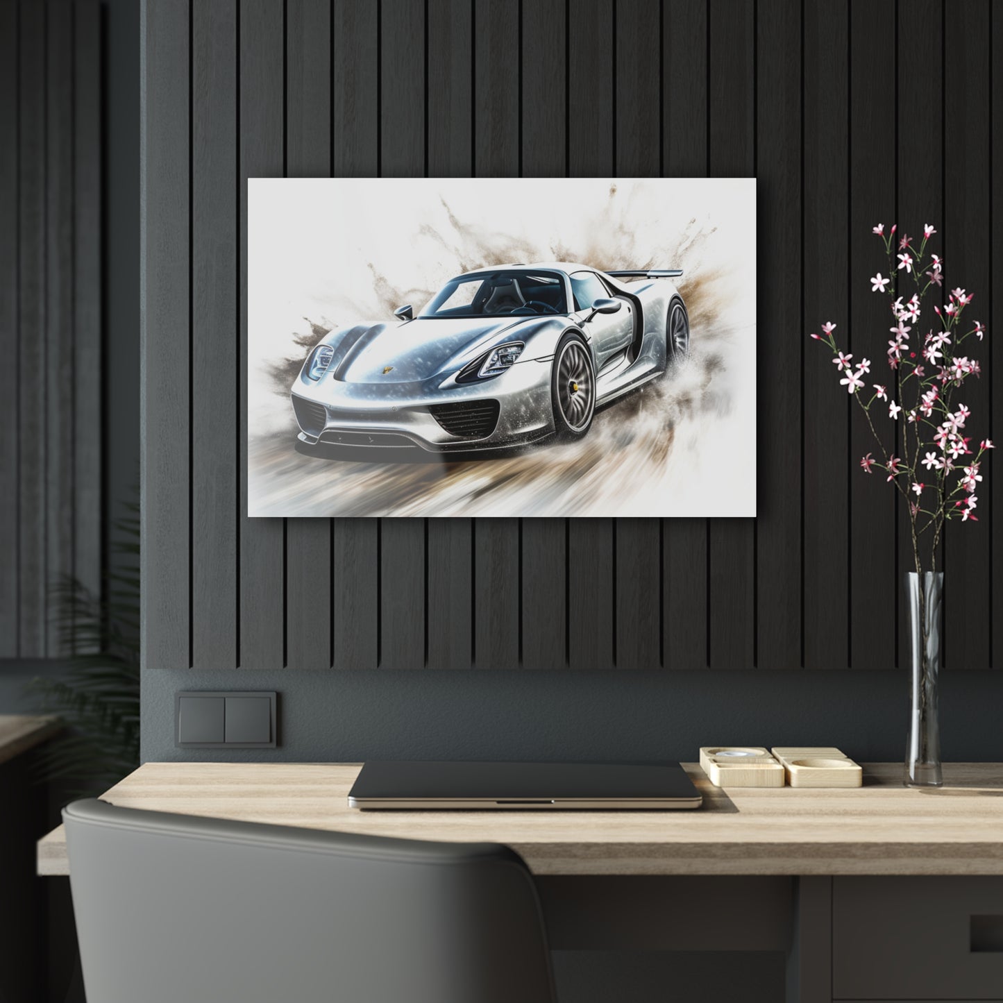 Acrylic Prints 918 Spyder white background driving fast with water splashing 2