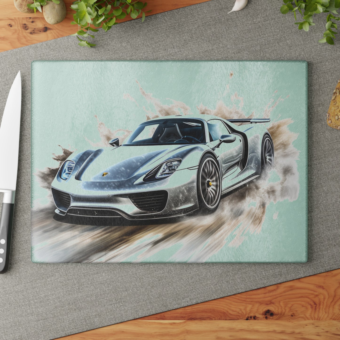 Glass Cutting Board 918 Spyder white background driving fast with water splashing 2