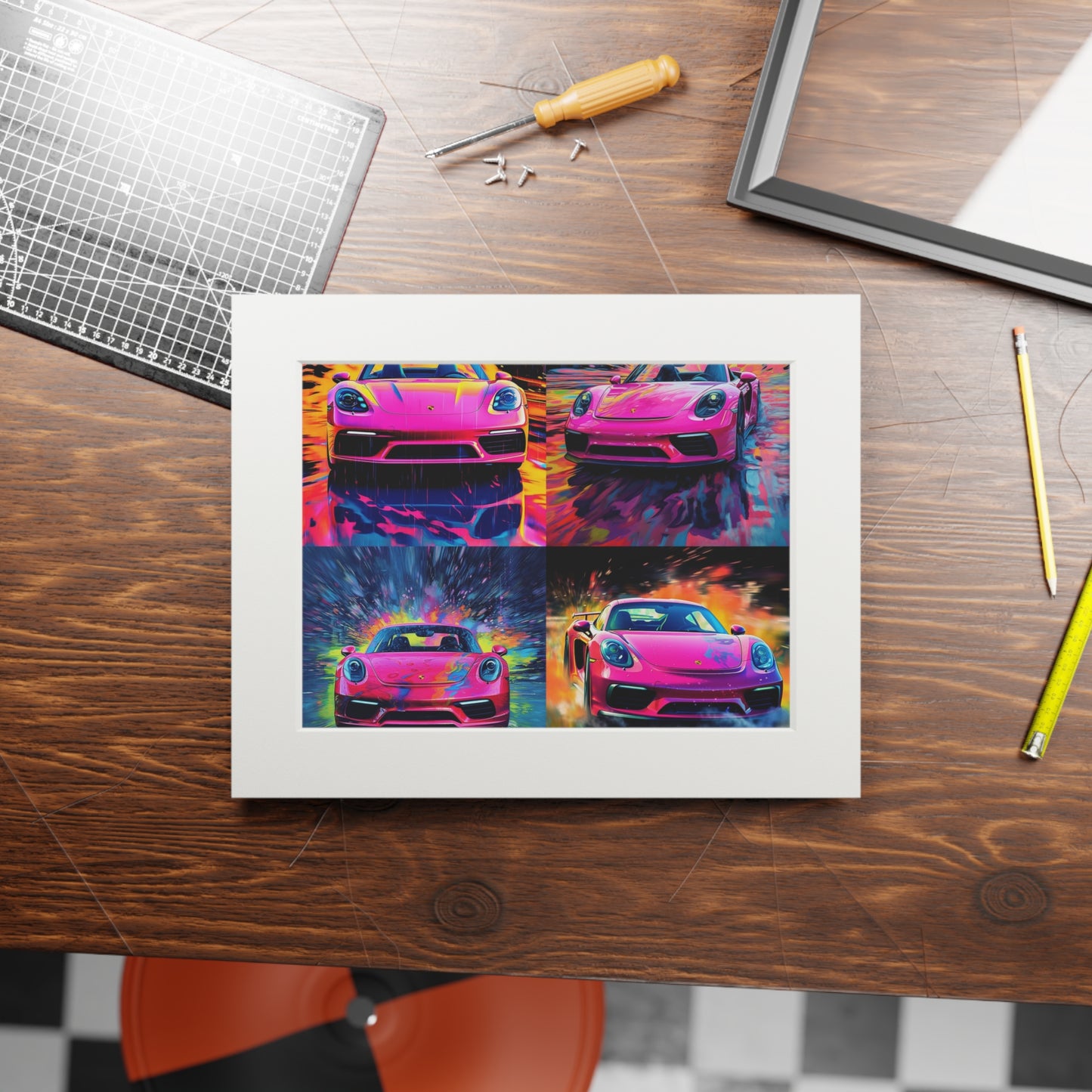 Fine Art Prints (Passepartout Paper Frame) Pink Porsche water fusion 5