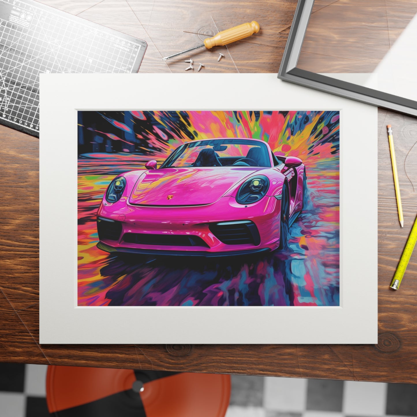 Fine Art Prints (Passepartout Paper Frame) Pink Porsche water fusion 2