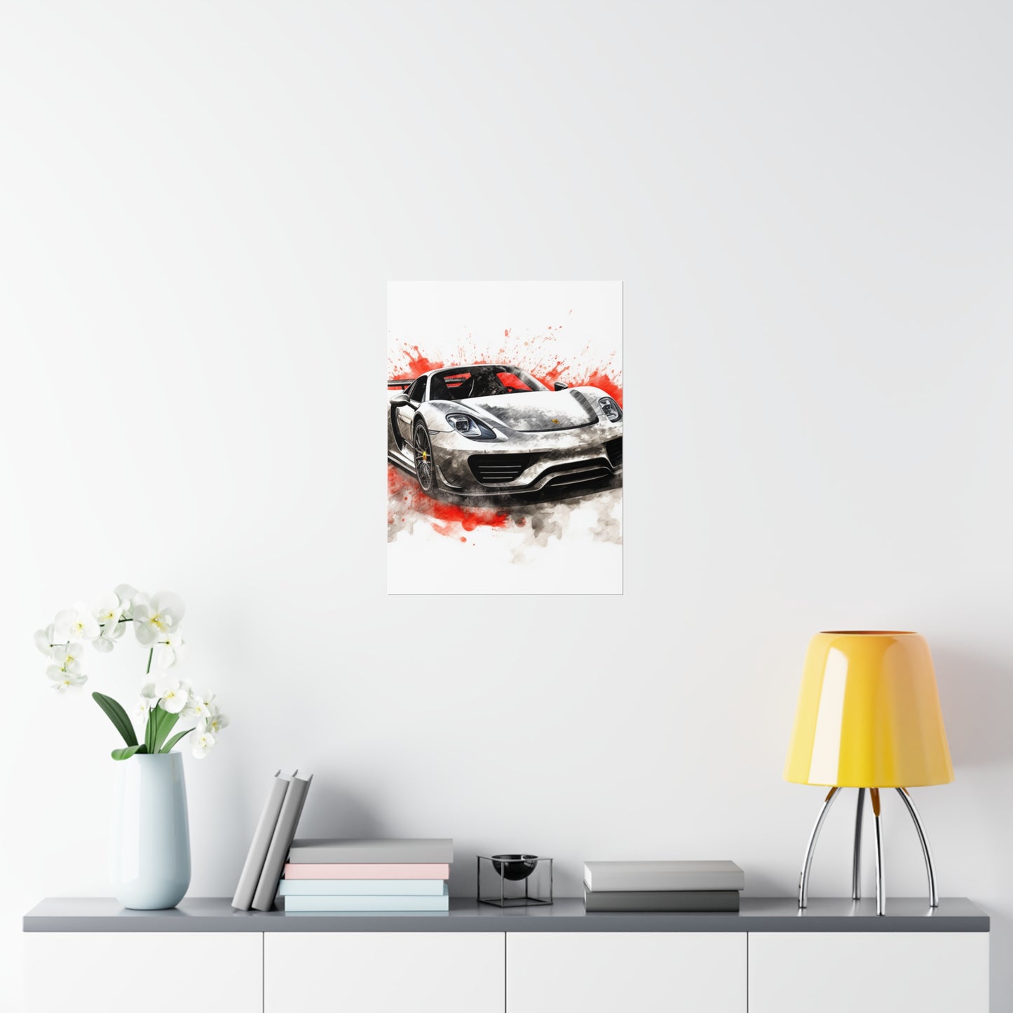 Premium Matte Vertical Posters 918 Spyder white background driving fast with water splashing 4