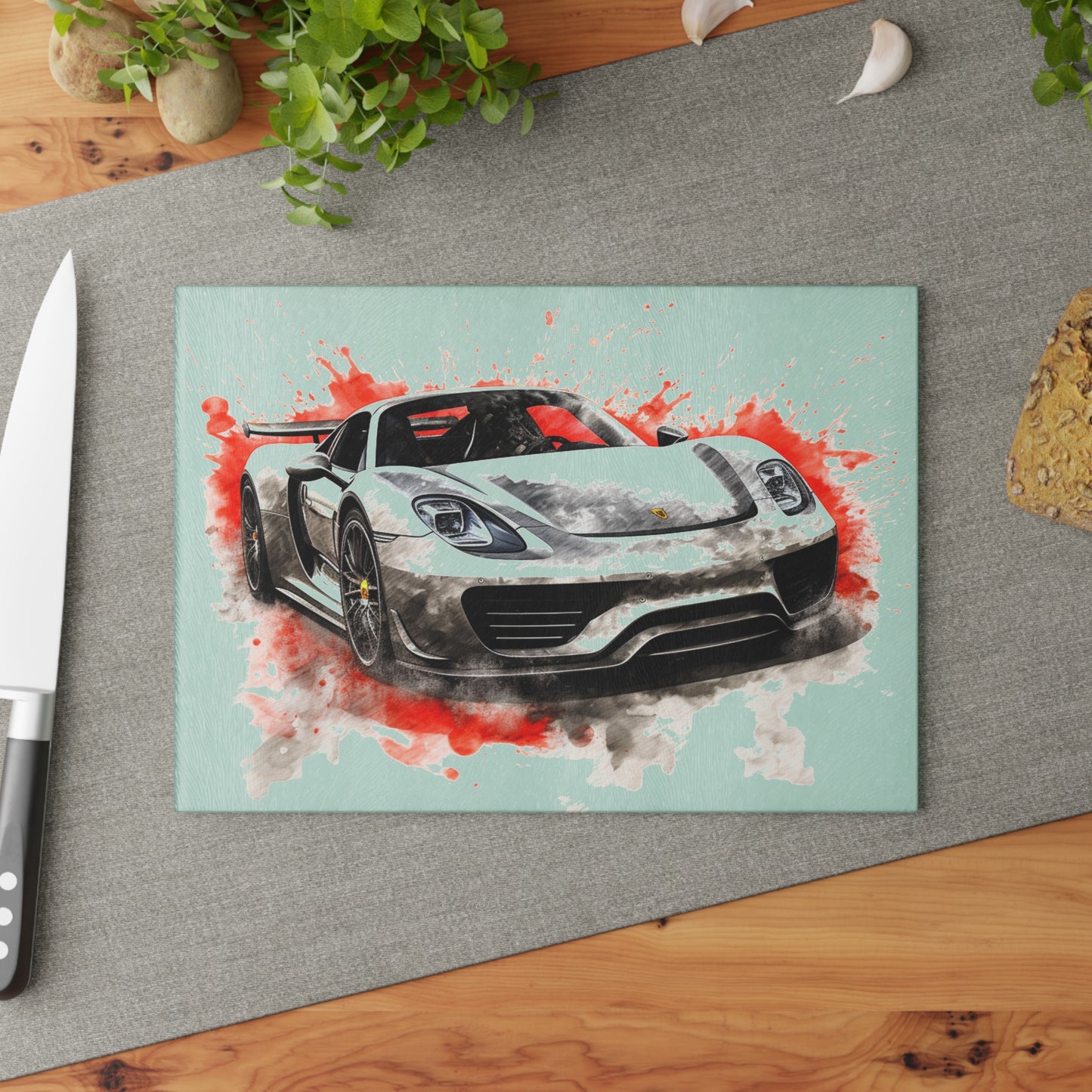 Glass Cutting Board 918 Spyder white background driving fast with water splashing 4