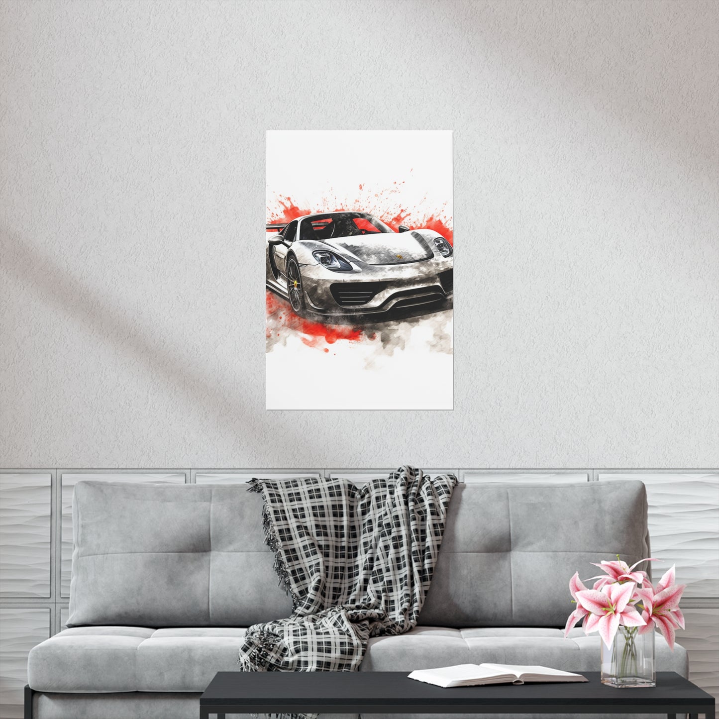 Premium Matte Vertical Posters 918 Spyder white background driving fast with water splashing 4