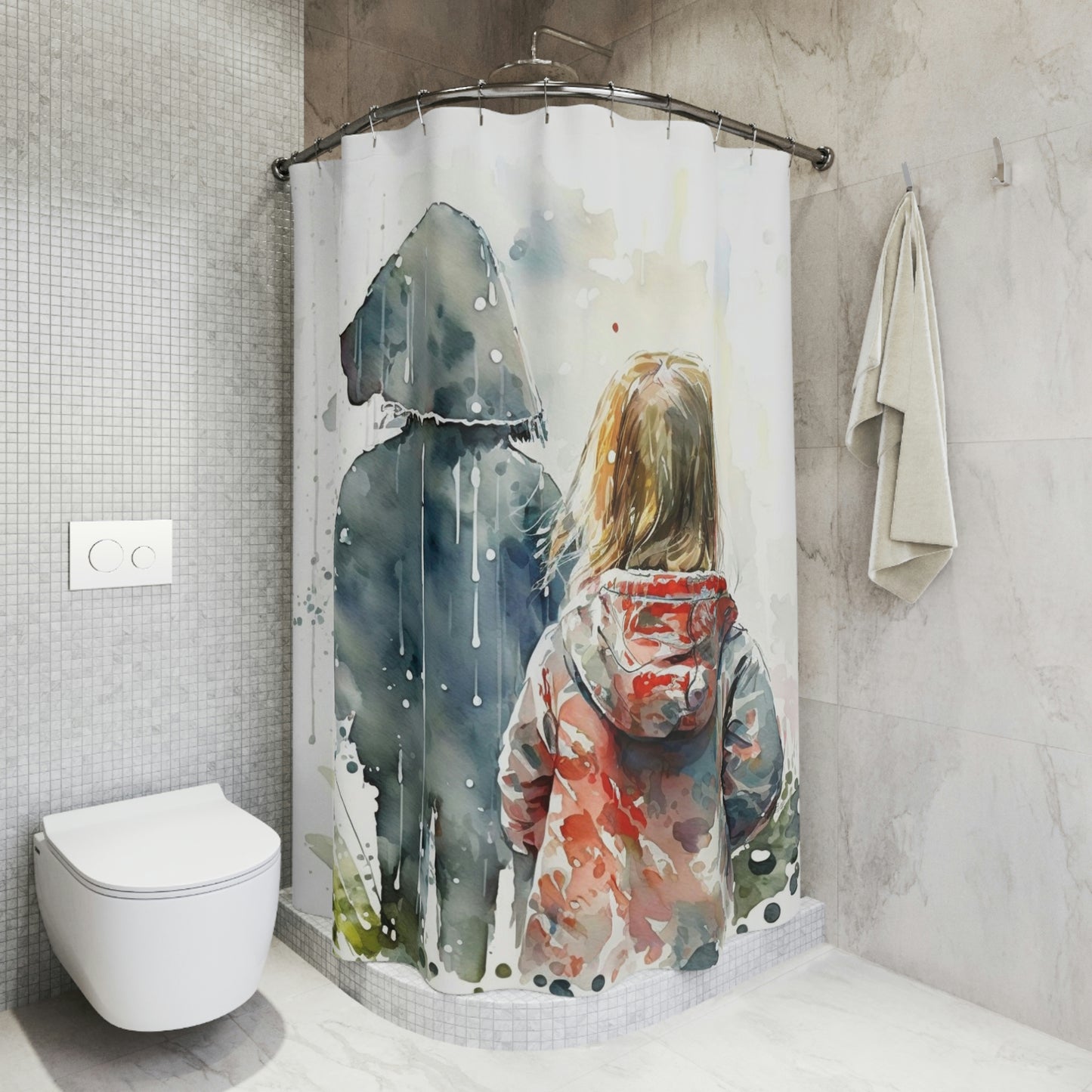 Polyester Shower Curtain girl rain watercolor 3