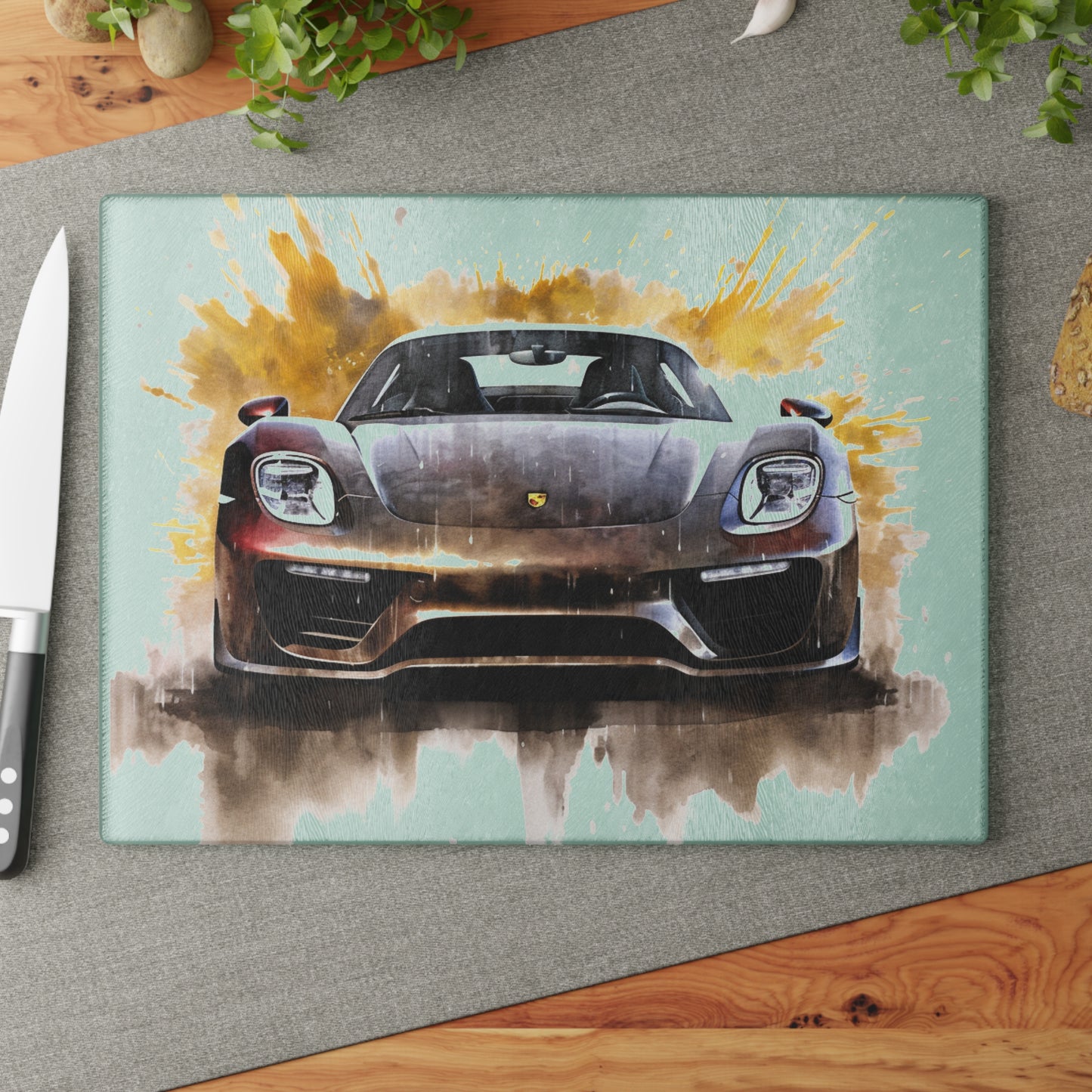 Glass Cutting Board 918 Spyder white background driving fast with water splashing 1