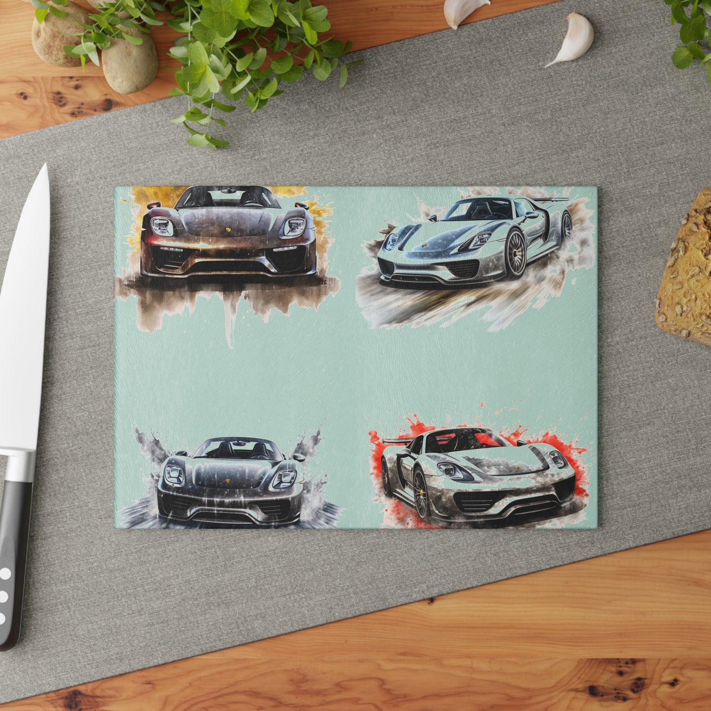 Glass Cutting Board 918 Spyder white background driving fast with water splashing 5