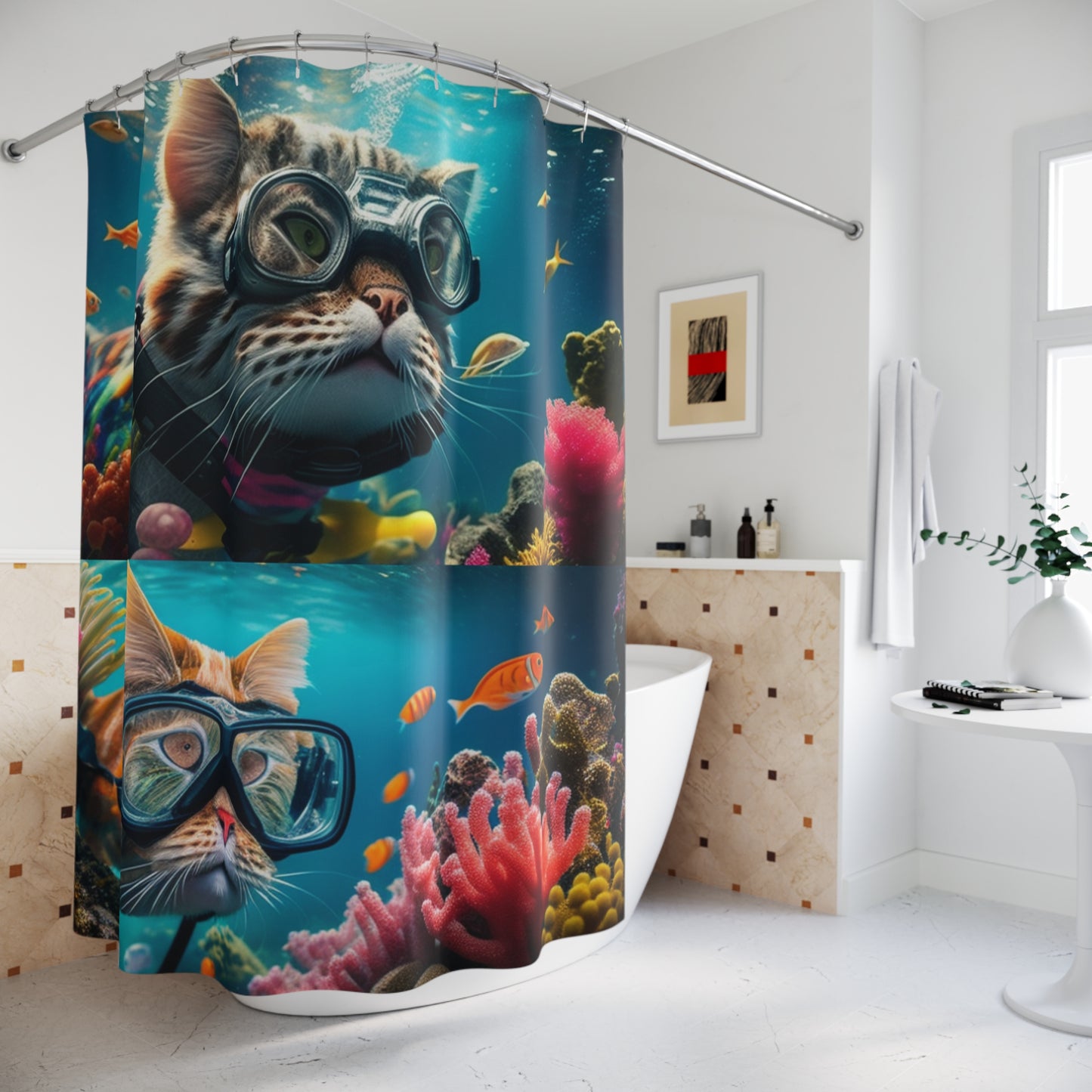 Polyester Shower Curtain scuba cat 2 pack 2