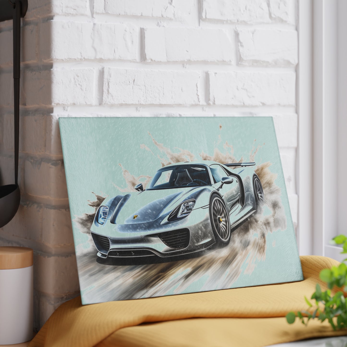 Glass Cutting Board 918 Spyder white background driving fast with water splashing 2