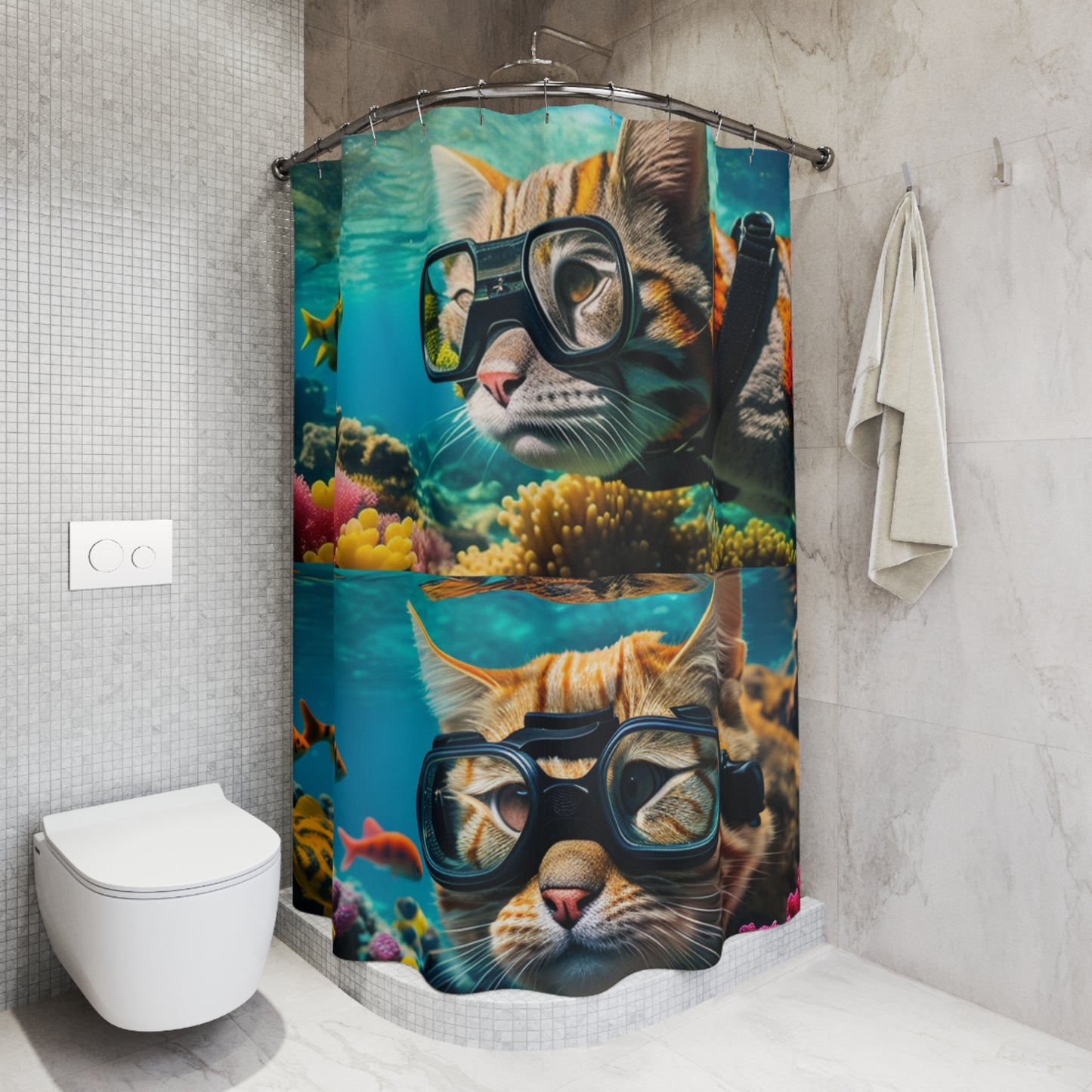 Polyester Shower Curtain scuba cat 2 pack 1