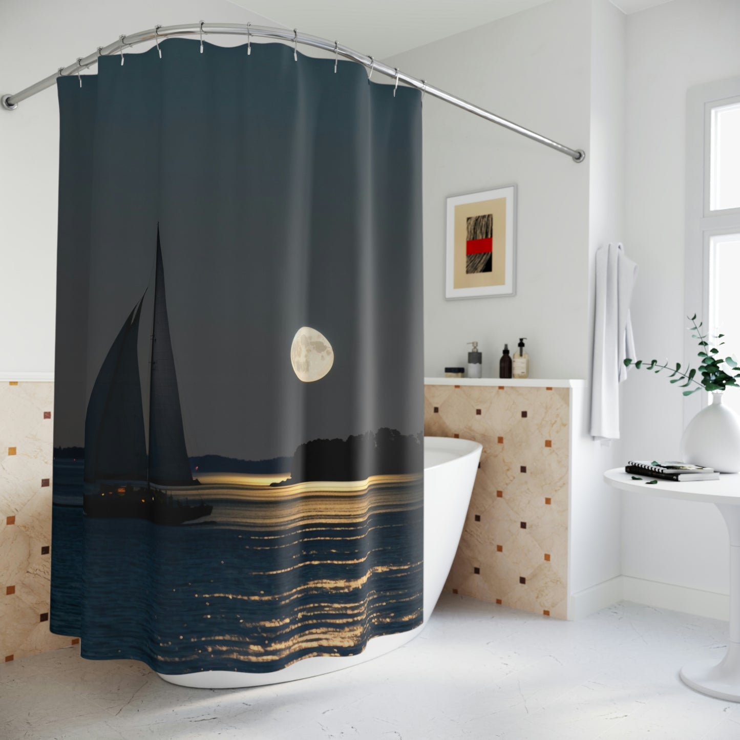 Polyester Shower Curtain sailboat moon 1