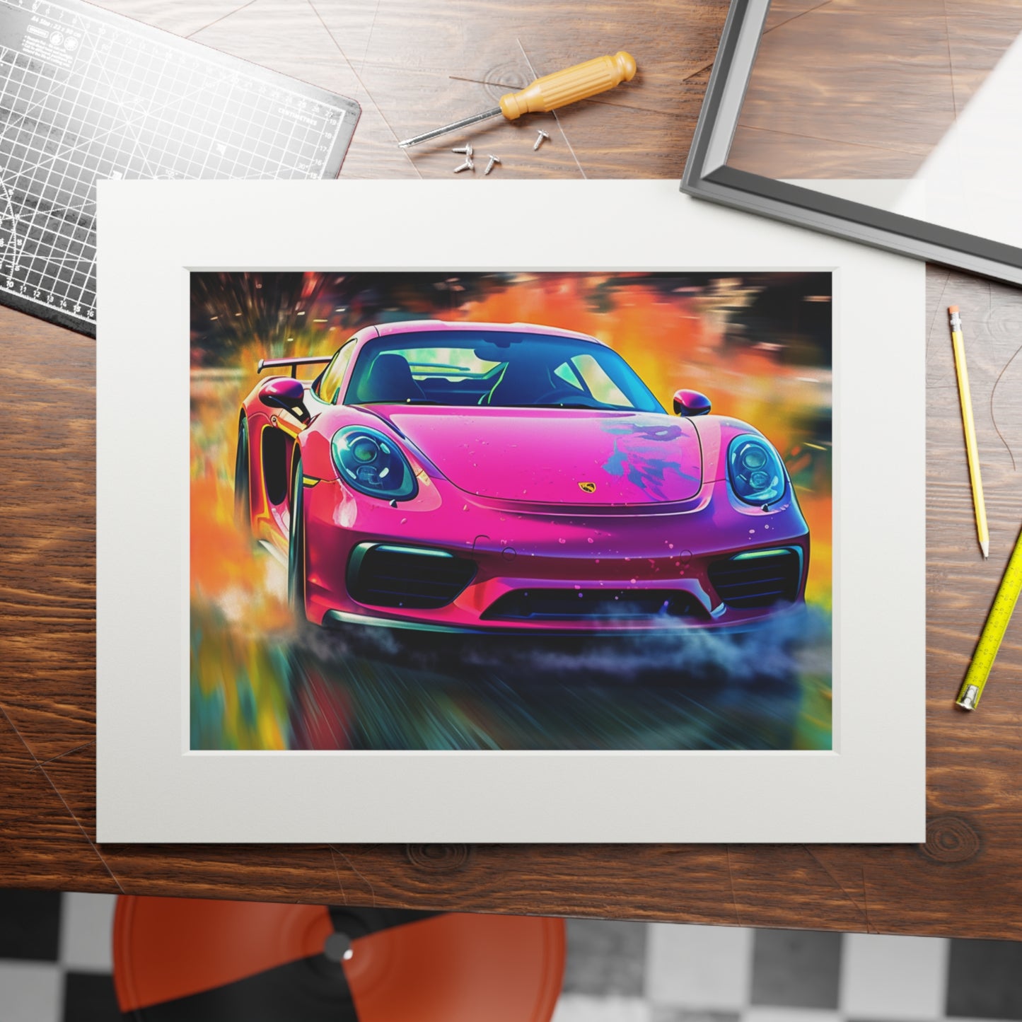 Fine Art Prints (Passepartout Paper Frame) Pink Porsche water fusion 4