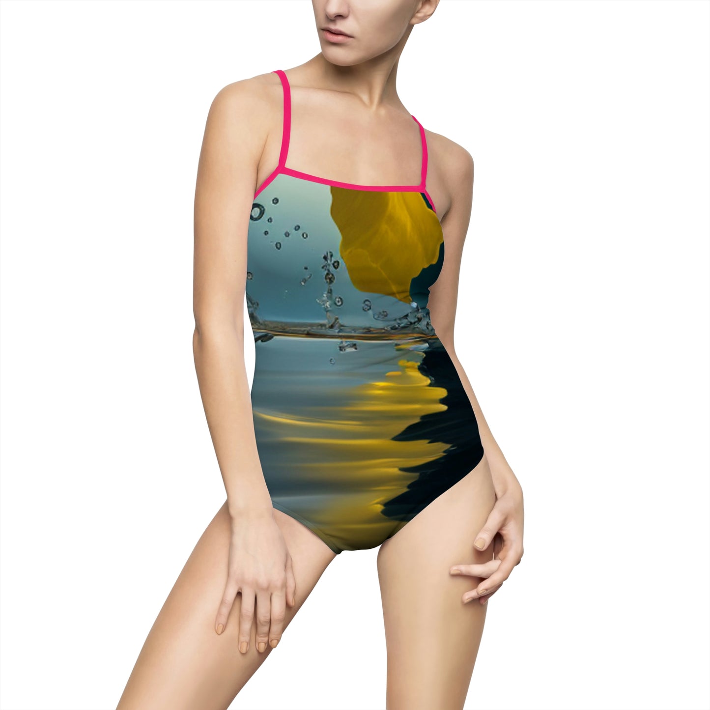 Women's One-piece Swimsuit (AOP) Yellow Hibiscus Glass 4