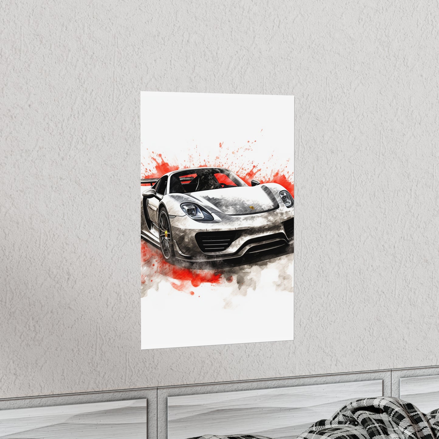 Premium Matte Vertical Posters 918 Spyder white background driving fast with water splashing 4