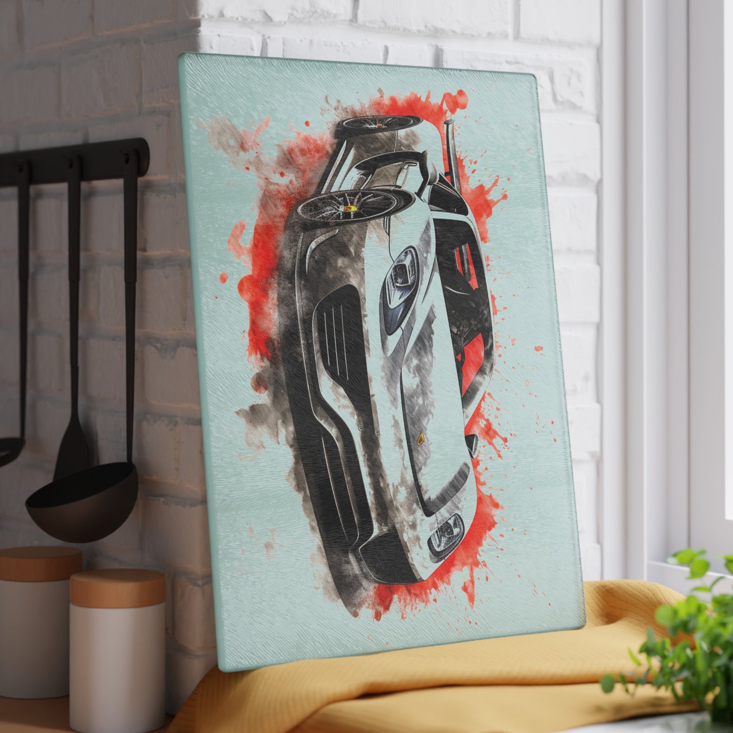 Glass Cutting Board 918 Spyder white background driving fast with water splashing 4