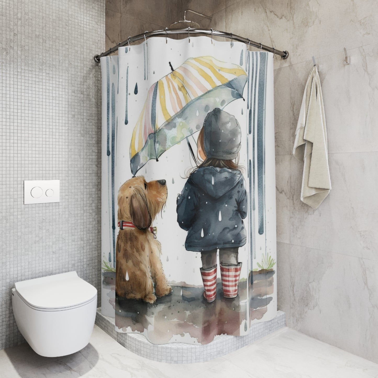 Polyester Shower Curtain girl rain watercolor 6