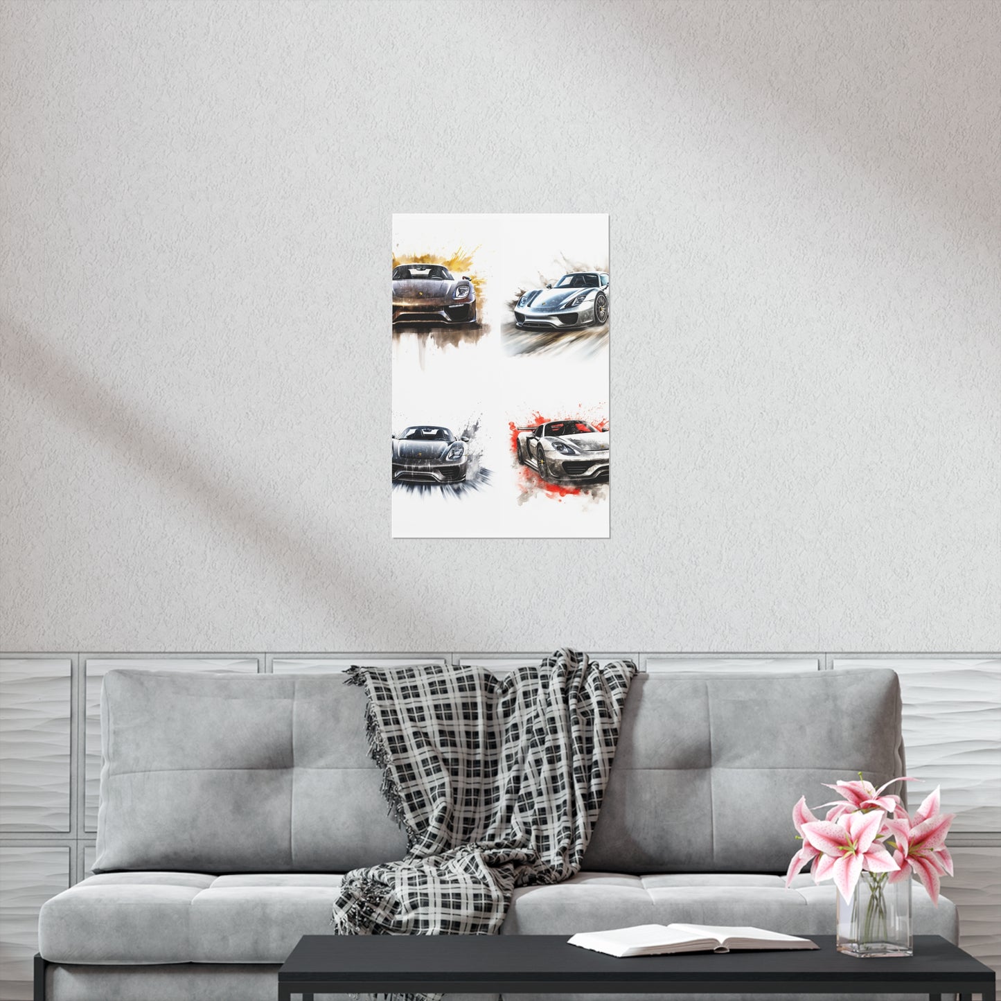 Premium Matte Vertical Posters 918 Spyder white background driving fast with water splashing 5