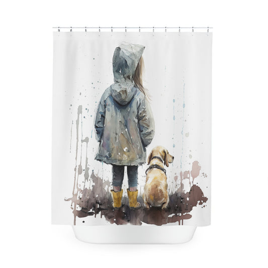 Polyester Shower Curtain girl rain watercolor 2