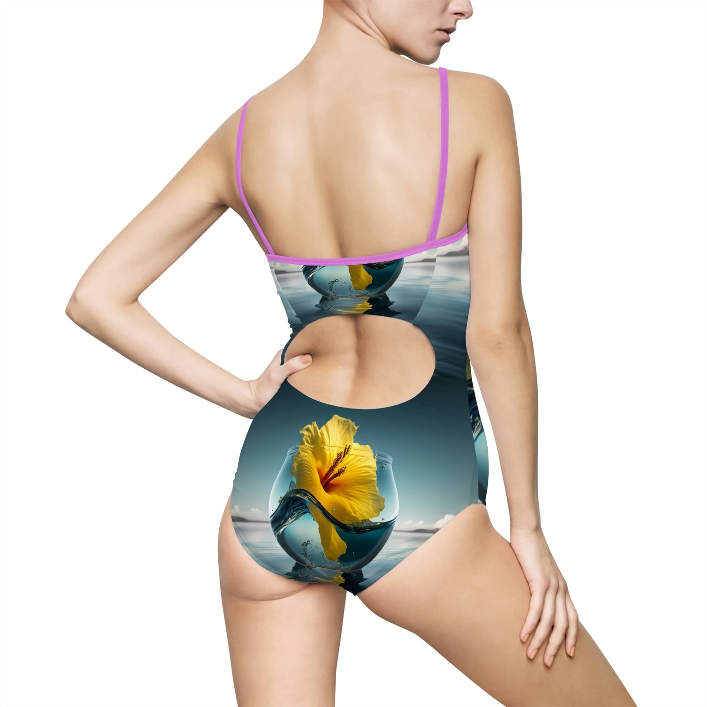 Women's One-piece Swimsuit (AOP) Yellow Hibiscus Glass 4