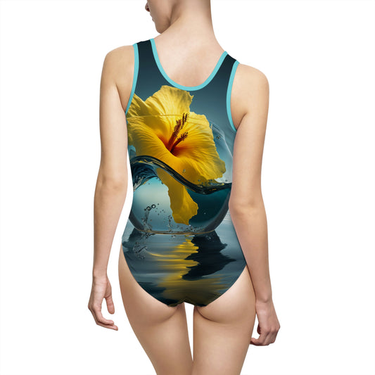 Women's Classic One-Piece Swimsuit (AOP) Yellow Hibiscus Glass 4