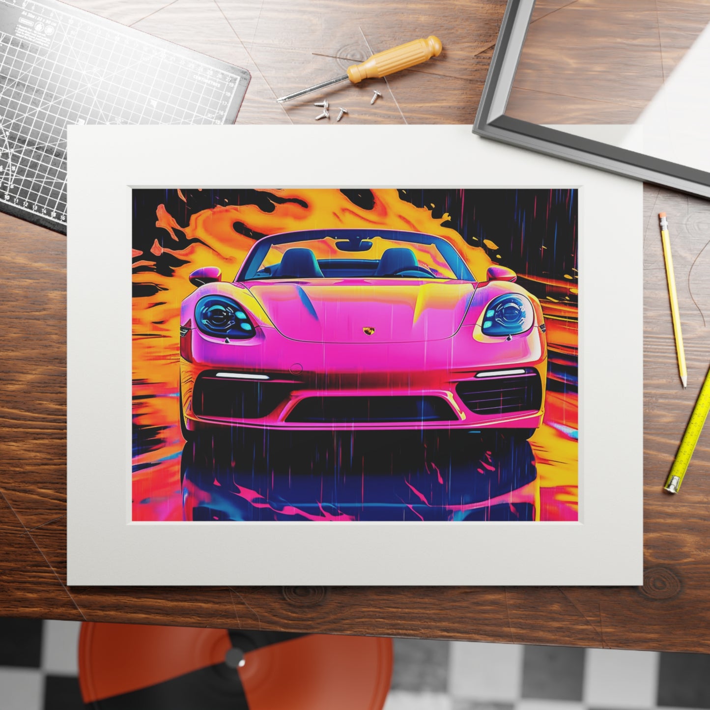 Fine Art Prints (Passepartout Paper Frame) Pink Porsche water fusion 1