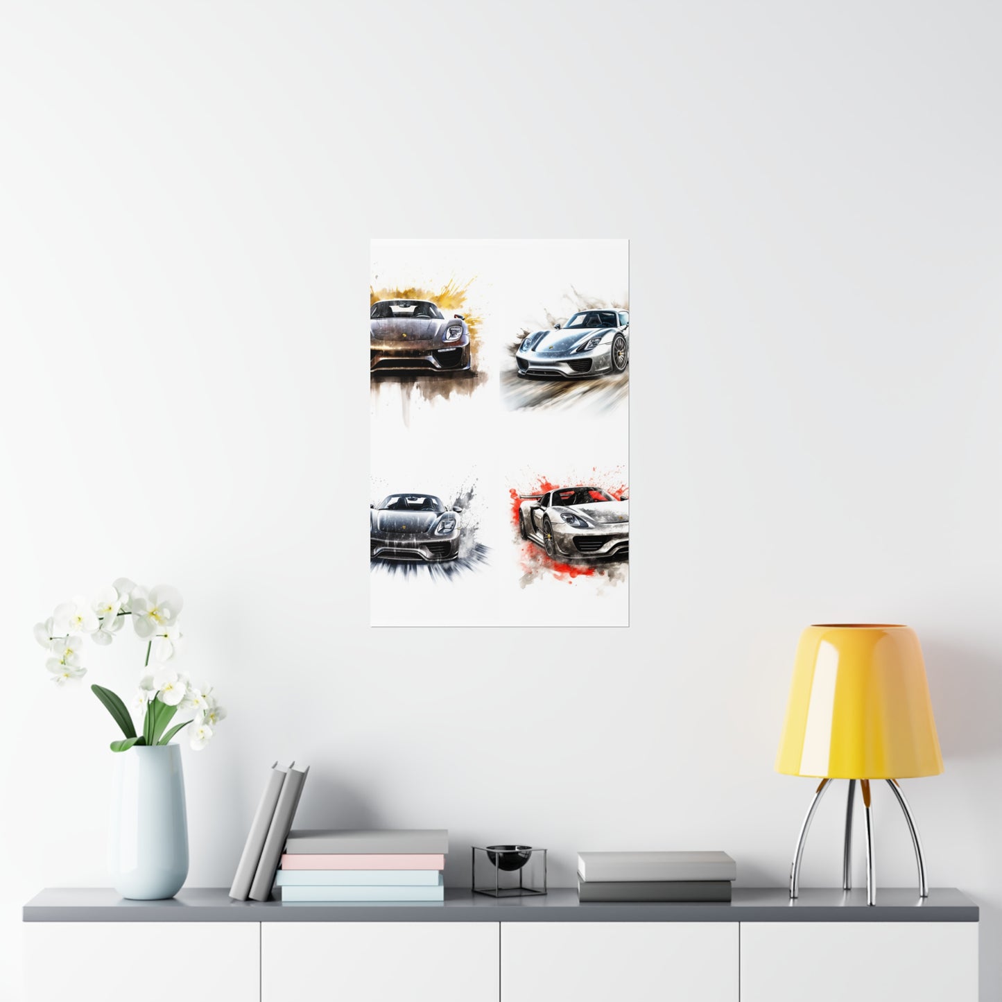 Premium Matte Vertical Posters 918 Spyder white background driving fast with water splashing 5