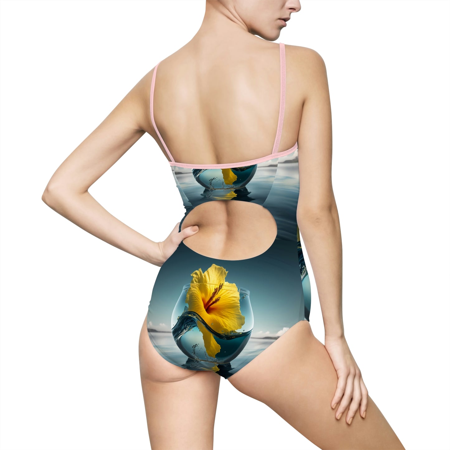 Women's One-piece Swimsuit (AOP) Yellow Hibiscus Glass 4